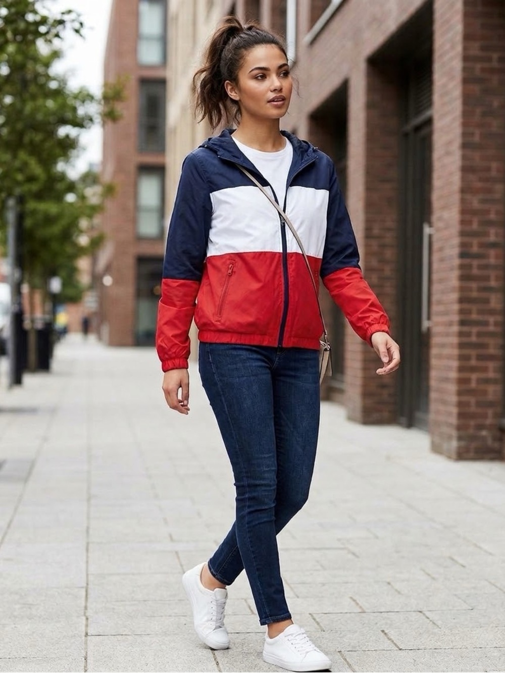 Ashley By 26 International Blue White Red Colorblock Bomber Windbreaker Jacket L